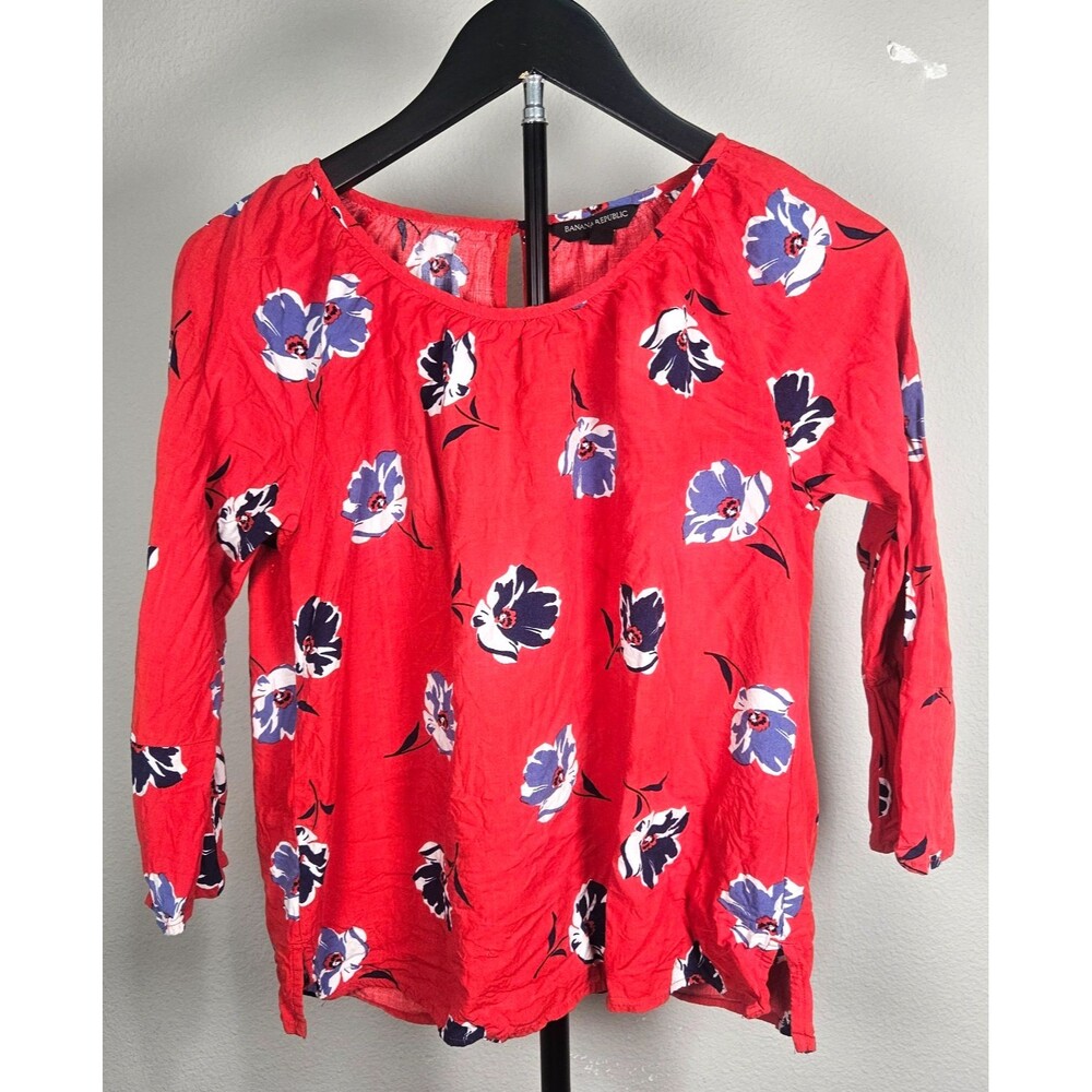 Banana Republic Floral Peasant Blouse Women's Small Red 3/4‎ Sleeve 100% Rayon